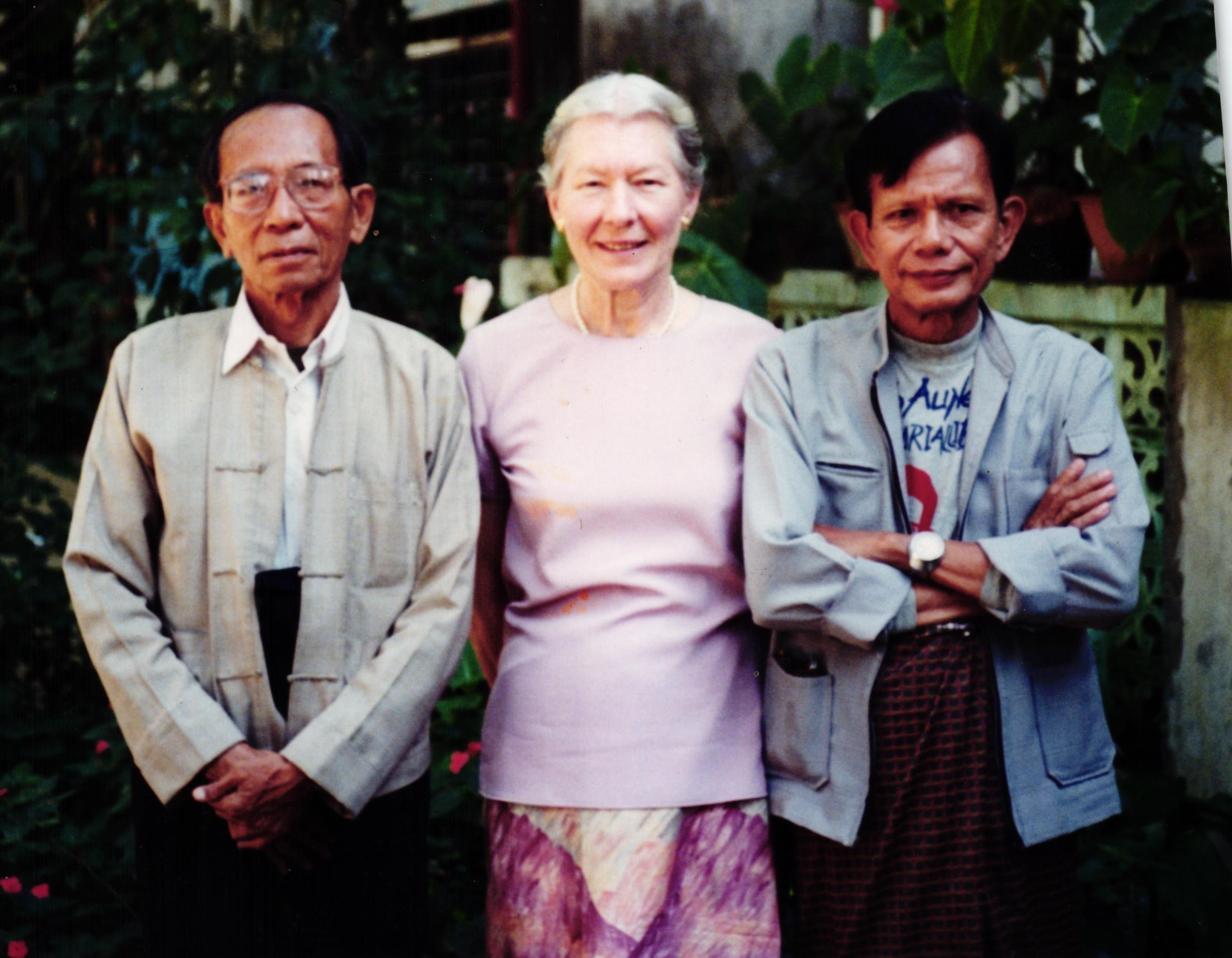 Anna Allott pictured with literary critic Aung Thinn and writer Mya Than Tint in Yangon in the 1990s. (Supplied)