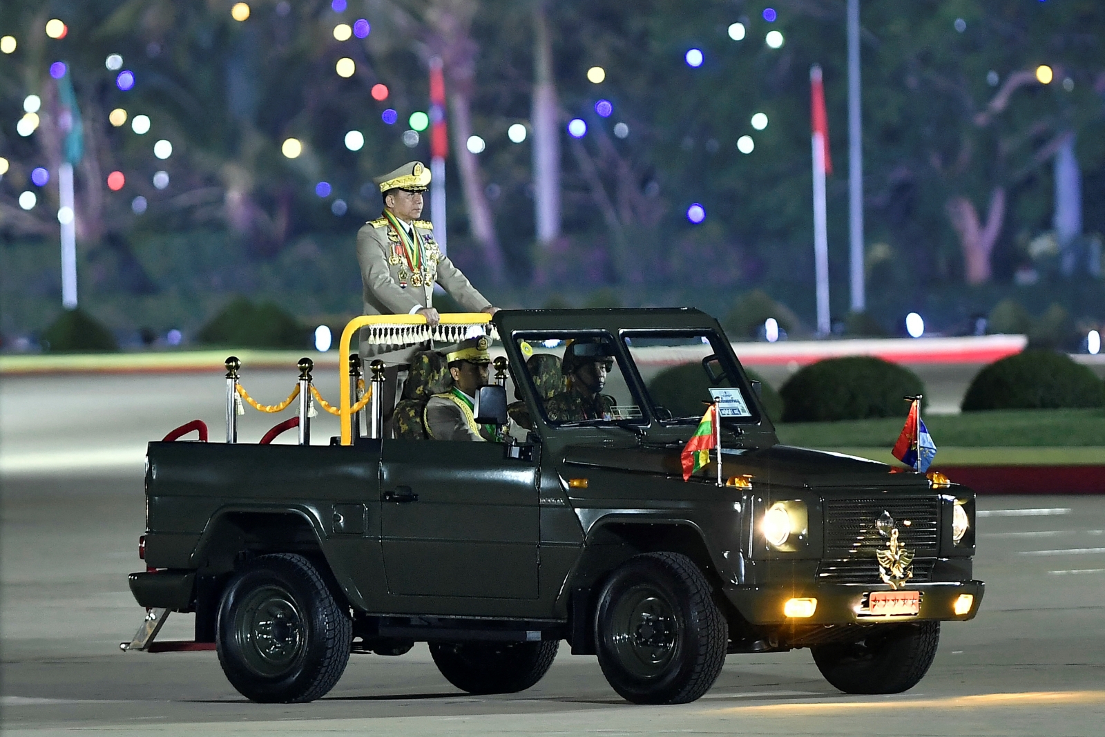 Junta chief Senior General Min Aung Hlaing arrives at a ceremony to mark Myanmar's Armed Forces Day in Nay Pyi Taw on March 27. (AFP)