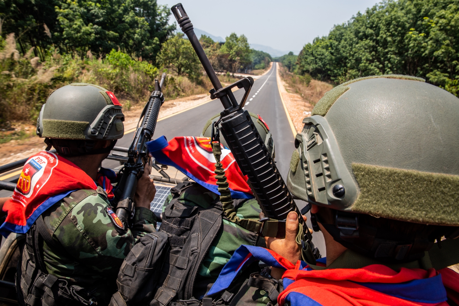 Dawna Column troops travel on the Union Highway 8 on April 3. (Mar Naw | Frontier)