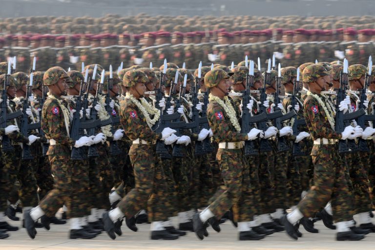 Members of the Myanmar military take part in a parade to mark the country's 78th Armed Forces Day in Nay Pyi Taw on March 27, 2023. (AFP)